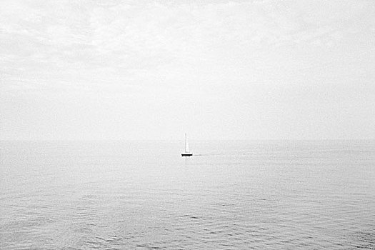 小,航行,船,白色,帆,平静,海洋
