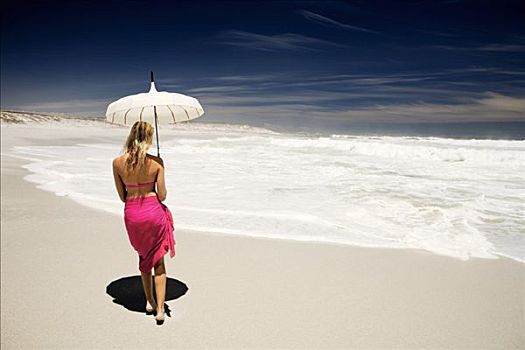 女青年,比基尼,沙滩裙,伞,海滩,后视图