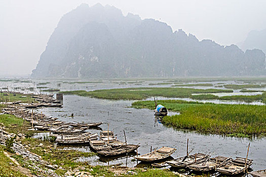 越南,小船,雾,大幅,尺寸