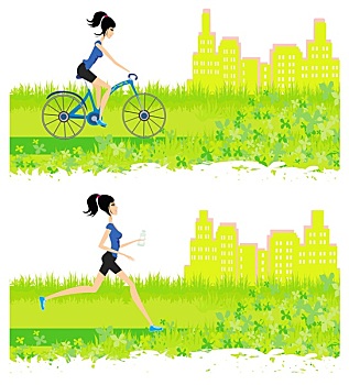 跑,骑自行车,女孩