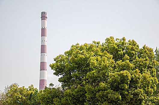 工厂烟囱和绿色植物