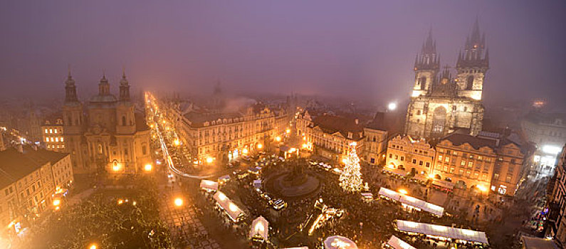全景,圣诞节,市场,大教堂,圣维特大教堂,围绕,雾,老城广场,布拉格,捷克共和国,欧洲