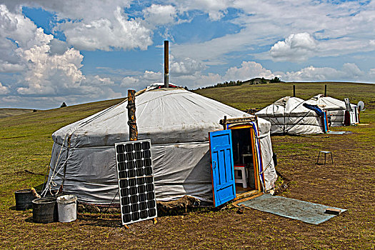 蒙古包,太阳能电池,碟形卫星天线,草原,靠近,蒙古,亚洲