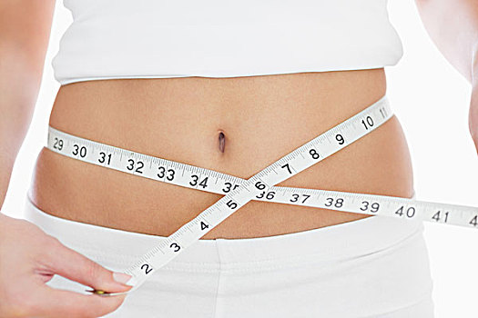 特写,腹部,女人,测量,腰部,上方,白色背景