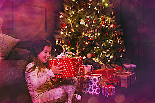 兴奋,女孩,拿着,礼物,靠近,圣诞树
