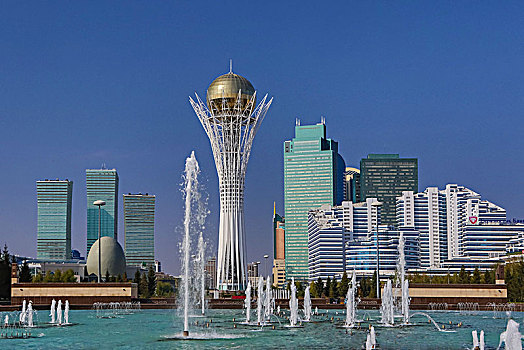 哈萨克斯坦,阿斯塔纳,城市,新,行政,道路,唱,喷泉,广场,纪念建筑