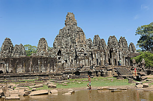 高棉人,孩子,水塘,正面,巴雍寺,庙宇,柬埔寨,东南亚,亚洲