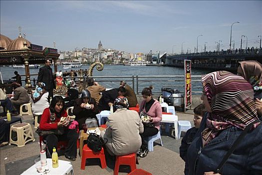 餐馆,餐食,给,鱼,金角湾,桥,伊斯坦布尔,土耳其