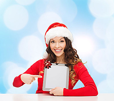 圣诞节,休假,科技,人,概念,微笑,女人,圣诞老人,帽子,平板电脑,电脑,上方,蓝色,背景
