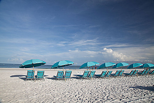 美国,佛罗里达,清澈,海滩,全景,太阳,长椅