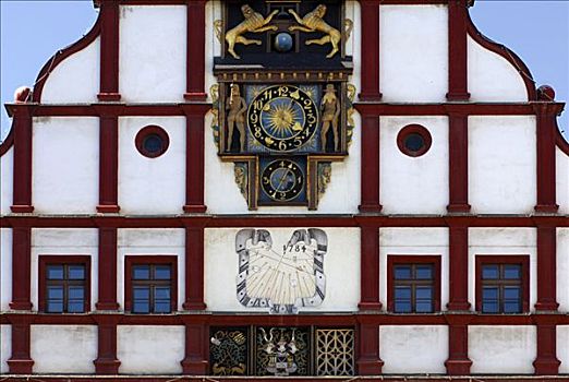 文艺复兴,山墙,钟表,日晷,老,市政厅,普劳恩,福格特兰,萨克森,德国