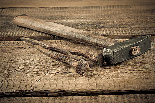 旧式,锤子,钉子,木头,背景
