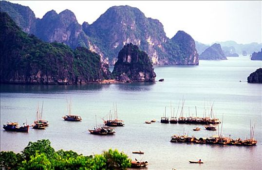 越南,湾,全景,船,石头,背影