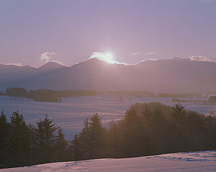 山,日出,冬天