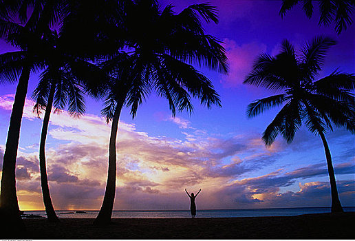 女人,站立,海滩,抬臂,日落,威美亚,瓦胡岛,夏威夷,美国