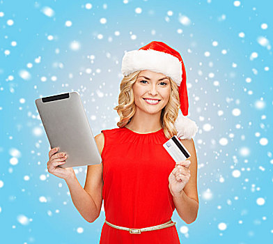 圣诞节,圣诞,网上购物,概念,女人,圣诞老人,帽子,平板电脑,电脑,信用卡