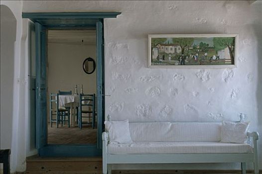 古老,房间,白色,长椅,墙壁,客厅,后面,蓝色