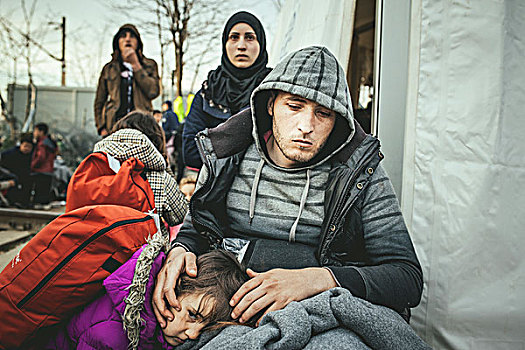 难民,露营,希腊,马其顿,边界,等待,检查点,伤残,男人,家庭,拒绝,中马其顿,欧洲