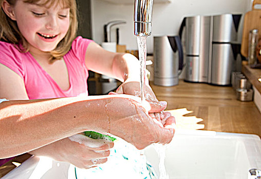 女孩,洗手,自来水,厨房,水槽