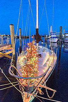 美国,佛罗里达,新士麦那海滩,帆船,装饰,圣诞灯光