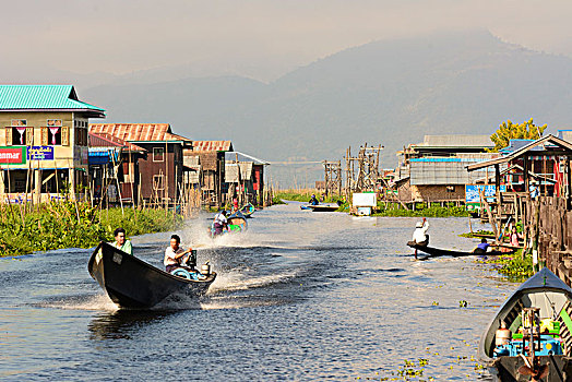 木桥,茵莱湖,船,掸邦,缅甸