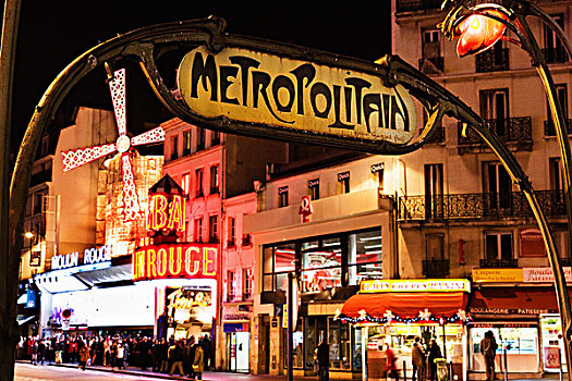 夜景,标识,巴黎,地铁,胭脂,法国,欧洲