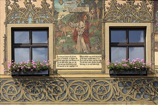 窗户,墙壁彩绘,市政厅,乌尔姆,巴登符腾堡,德国,欧洲