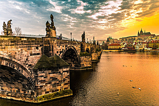 摩尔多瓦,查理大桥,大教堂,布拉格城堡,日出,拉德肯尼,历史,中心,布拉格,波希米亚,捷克共和国,欧洲