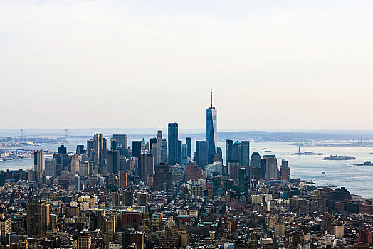 俯视,一个,世贸中心,摩天大楼,金融区,天际线,曼哈顿,纽约,美国,北美