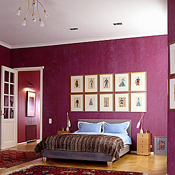 卧室,双人床,墙壁,涂绘,紫色,传统
