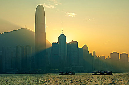 日落,后面,摩天大楼,香港岛,香港,中国,亚洲