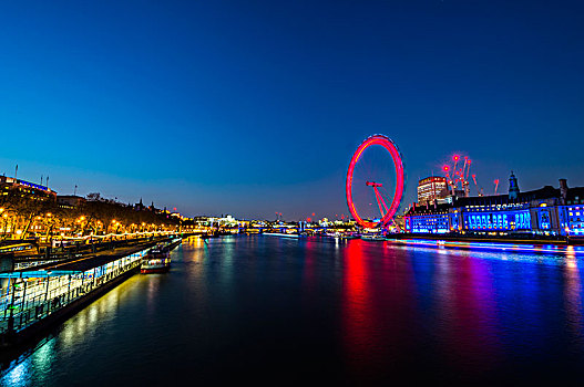 伦敦眼,泰晤士河,反射,光亮,夜景,伦敦,区域,英格兰,英国,欧洲