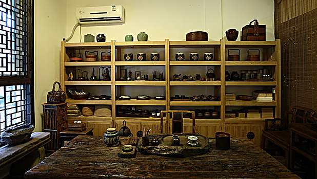 茶楼,茶文化,室内,陈列,传统,古韵,案台,桌椅,窗格