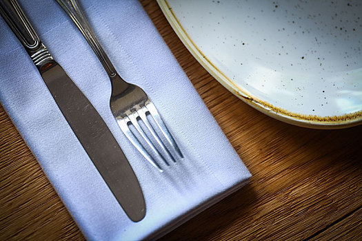 叉子,刀,桌子,靠近,盘子