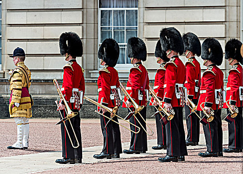 乐队,守卫,皇家卫兵,熊皮,帽,变化,传统,白金汉宫,伦敦,英格兰,英国