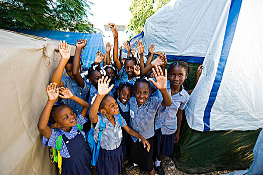 haiti,port,au,prince,cheering,schoolchildren,in,school,camp,guatemala