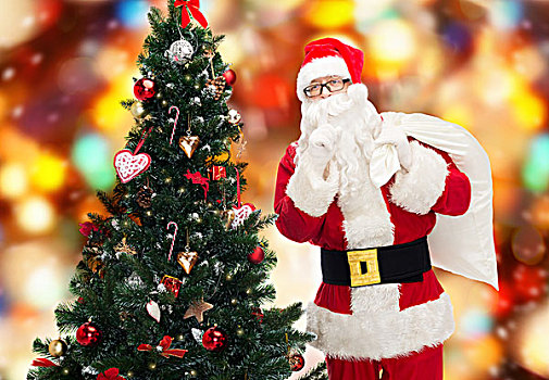 圣诞节,休假,人,概念,男人,服饰,圣诞老人,包,圣诞树,制作,安静,手势,上方,红灯,背景