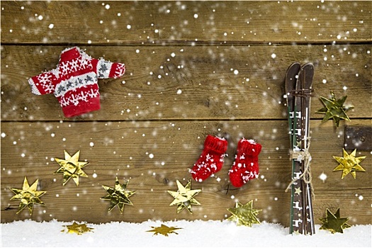 冬天,圣诞装饰,滑雪,冬服,木质背景