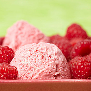 两个,舀具,树莓冰淇淋,新鲜,树莓,特写