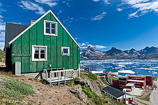 房子,涂绘,绿色,彩色,高处,港口,格陵兰东部,格陵兰