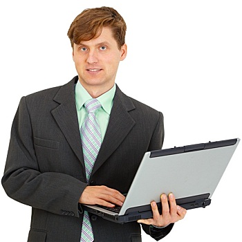 男人,笔记本电脑,拿着,白色背景,背景