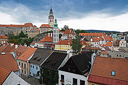 俯视,屋顶,教堂塔,捷克,克鲁姆洛夫,城堡,塔,捷克共和国