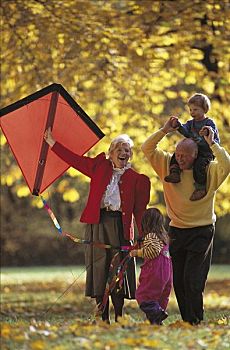 老年夫妇,男人,女人,祖父母,孙辈,女孩,男孩,玩,放风筝,秋天