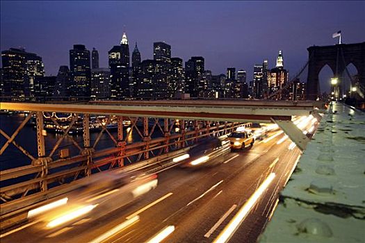 布鲁克林大桥,夜晚,下曼哈顿,纽约,美国