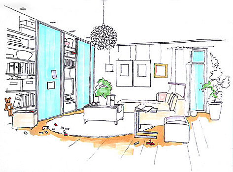 插画,客厅,沙发,茶几,衣柜,滑动门