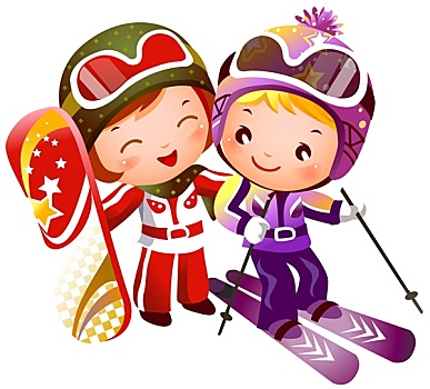 男孩,女孩,滑雪