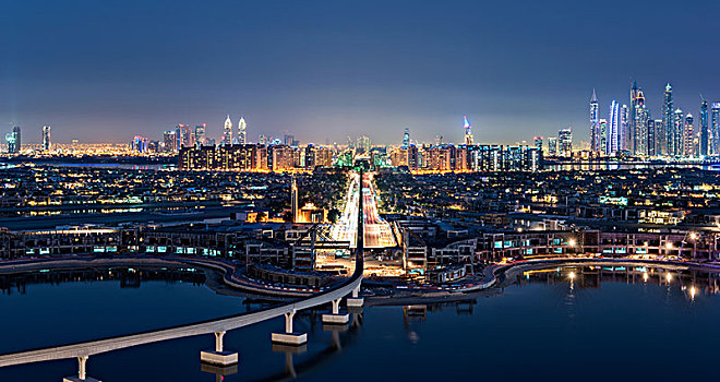 城市,迪拜,阿联酋,黄昏,光亮,摩天大楼,远景,桥,码头,前景