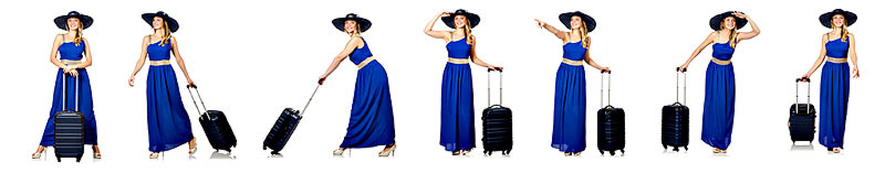 美女,蓝色,衣服,手提箱,隔绝,白色背景