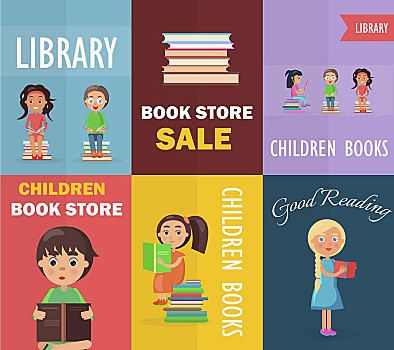 书店,销售,孩子,图书馆,阅读,小,拿着,彩色,课本,矢量,插画,概念,海报