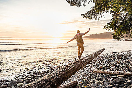 男人,平衡性,浮木,原木,海滩,胡安德富卡省立公园,温哥华岛,不列颠哥伦比亚省,加拿大